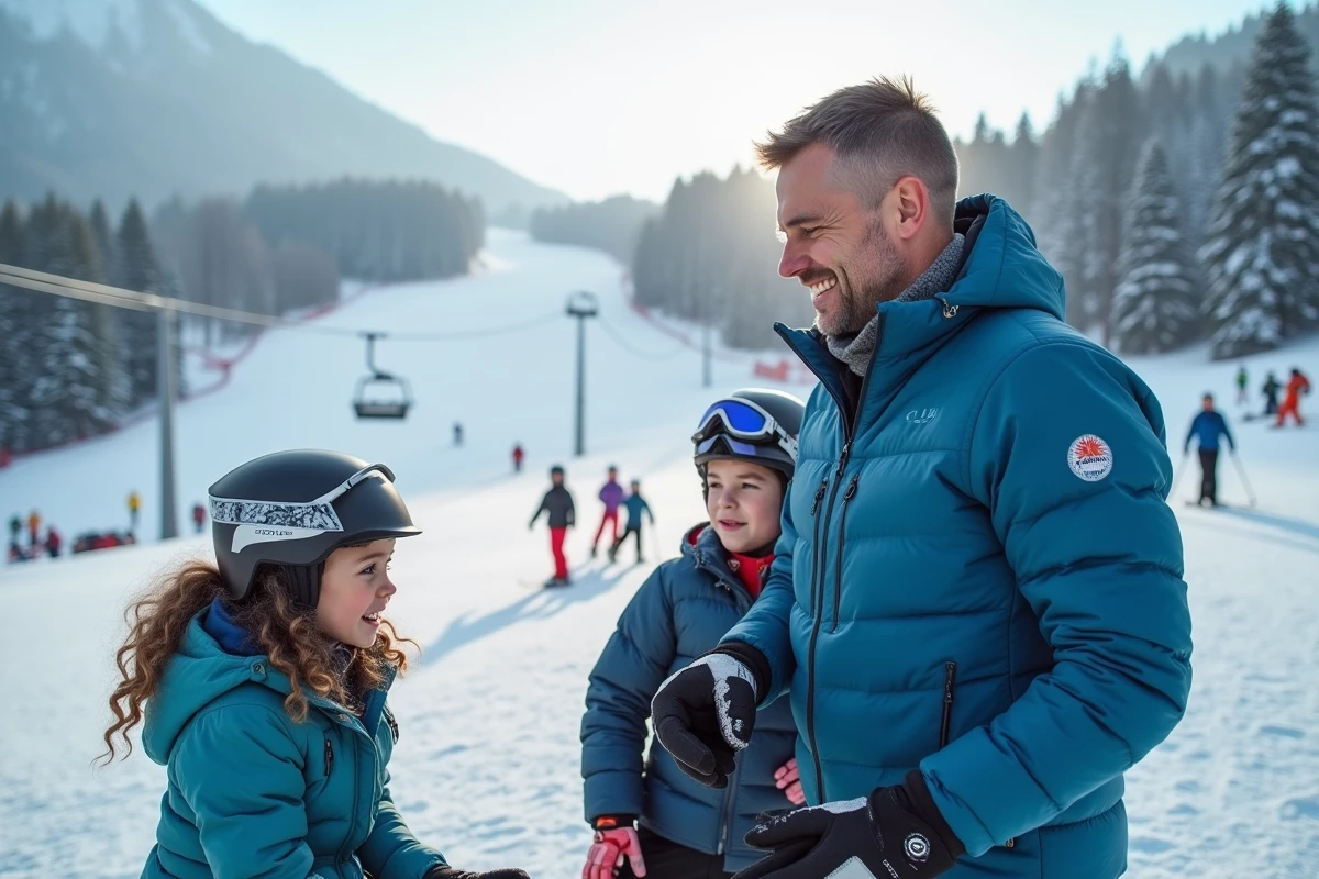 Moniteur de ski discutant avec enfants sur la piste