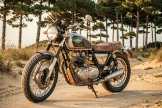 Moto custom chromée garée sur une route sablonneuse près de Montalivet avec forêt de pins en arrière-plan
