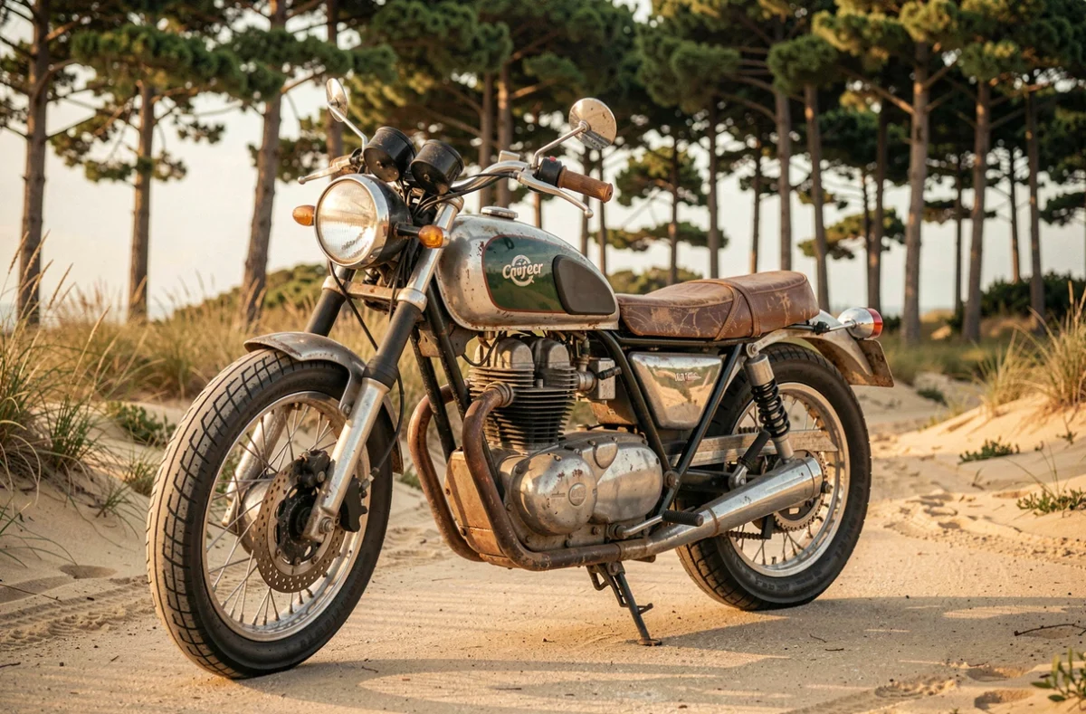 Moto custom chromée garée sur une route sablonneuse près de Montalivet avec forêt de pins en arrière-plan
