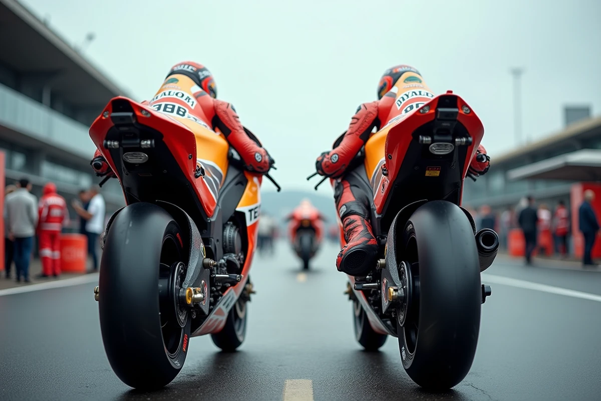 Deux motos MotoGP de générations différentes côte à côte dans le paddock illustrant l'évolution des règlements techniques