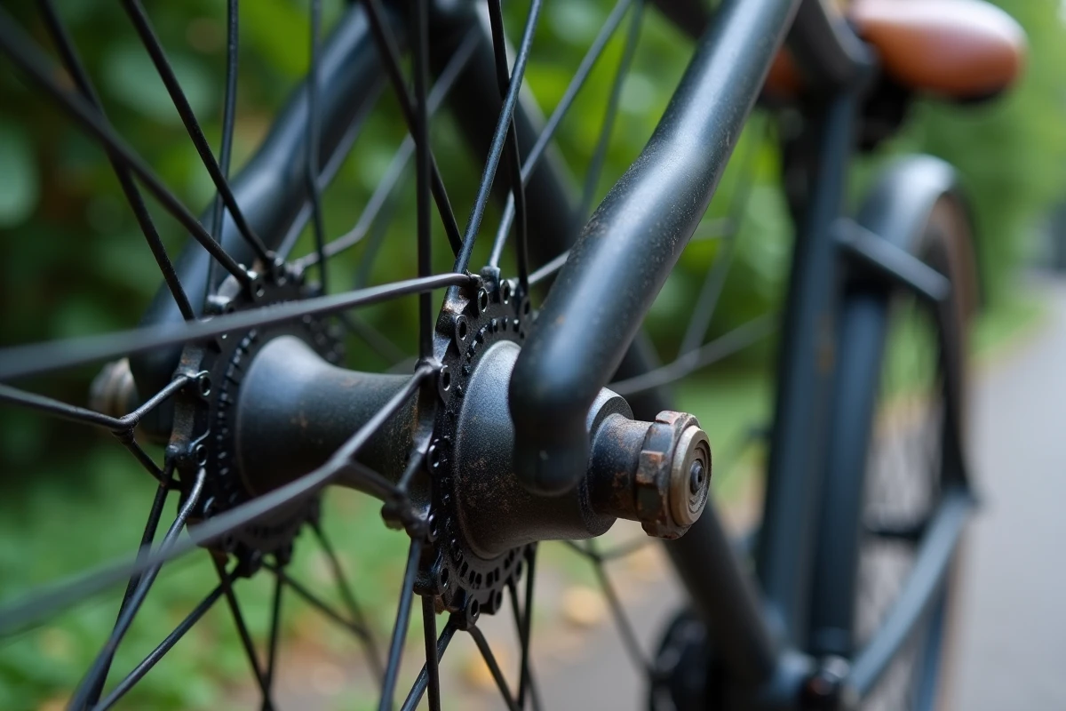 Gros plan sur le moyeu de frein à rétropédalage d'un vélo de ville avec détail mécanique réaliste