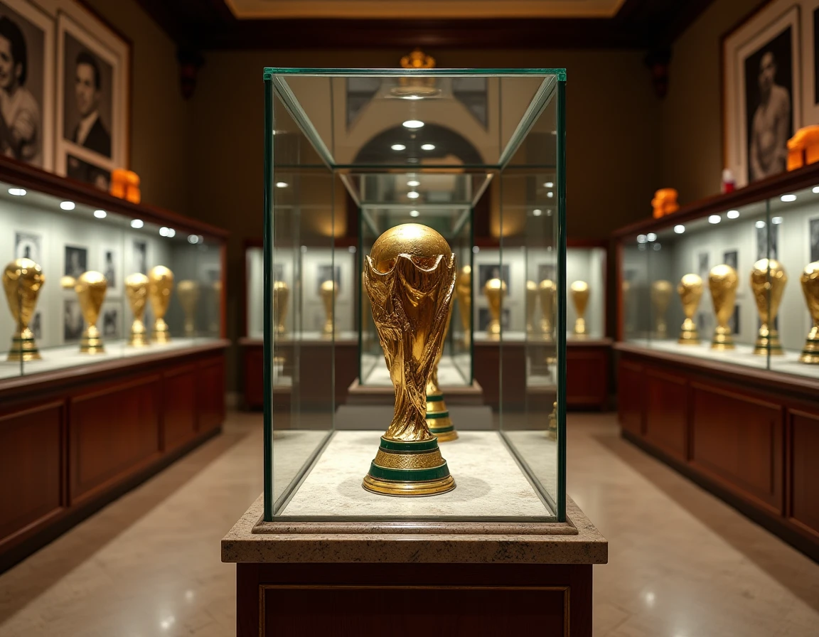 Vitrine de trophées et médailles de la fédération italienne de football dans un musée historique au décor architectural classique
