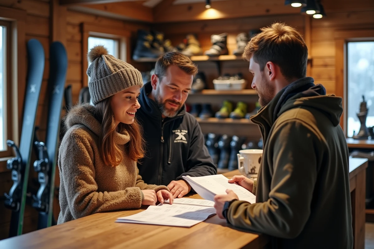 Couple négociant le prix d'une location de ski avec un vendeur dans une boutique de station de montagne