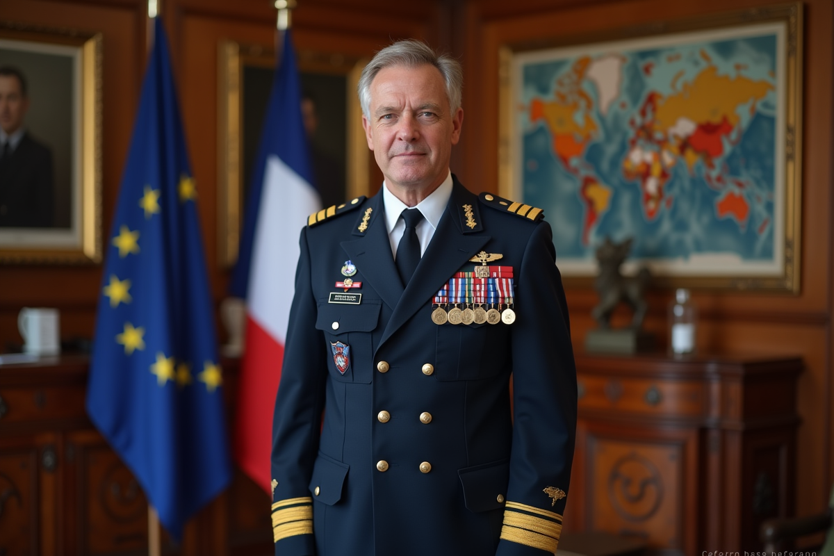 Officier militaire français en uniforme devant drapeaux