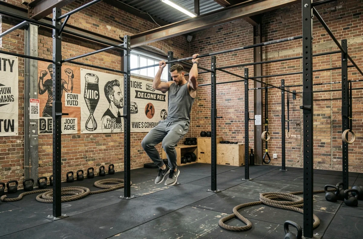 On Air Metz Serpenoise avec un homme réalisant des tractions sur un rig dans un studio de fitness au design industriel