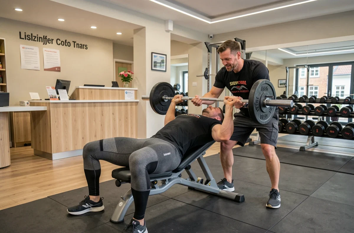 One Fitness Club Colmar avec un homme effectuant un développé couché assisté par un partenaire dans une salle moderne