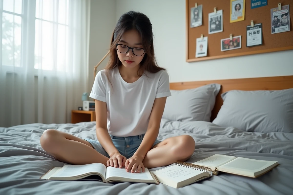 Jeune femme organisant des tomes de manga et des notes manuscrites sur son lit pour suivre les arcs narratifs de Blue Lock
