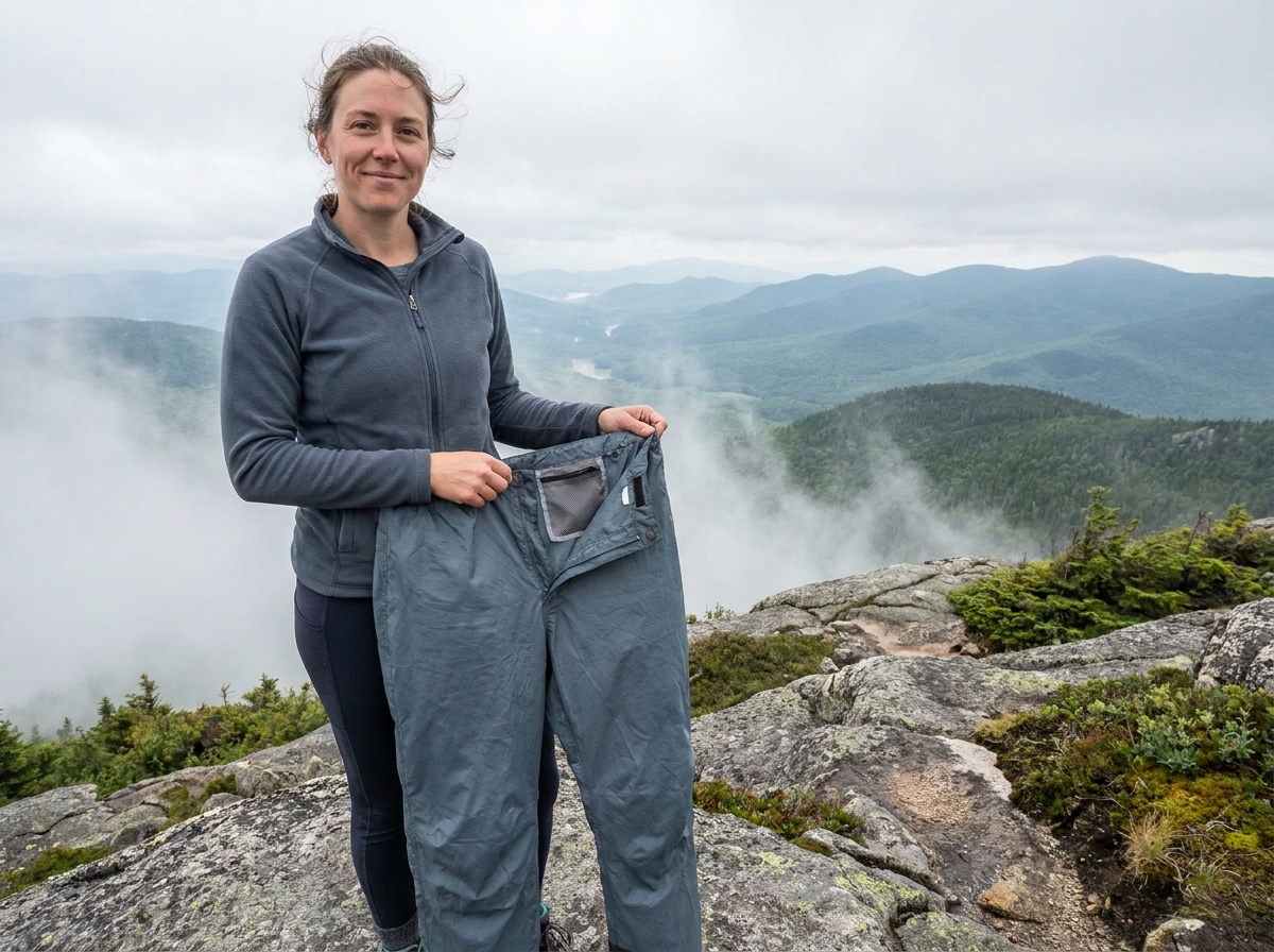 Femme en pantalon de pluie léger et pliable sur une crête rocheuse alpine avec brume dans la vallée en arrière-plan