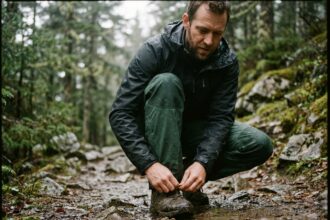 Homme portant un pantalon technique imperméable sur un sentier de montagne boueux en forêt, accroupi pour lacer sa chaussure de randonnée