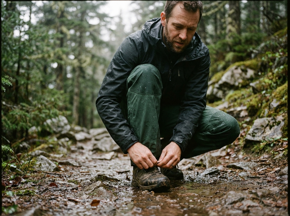Homme portant un pantalon technique imperméable sur un sentier de montagne boueux en forêt, accroupi pour lacer sa chaussure de randonnée