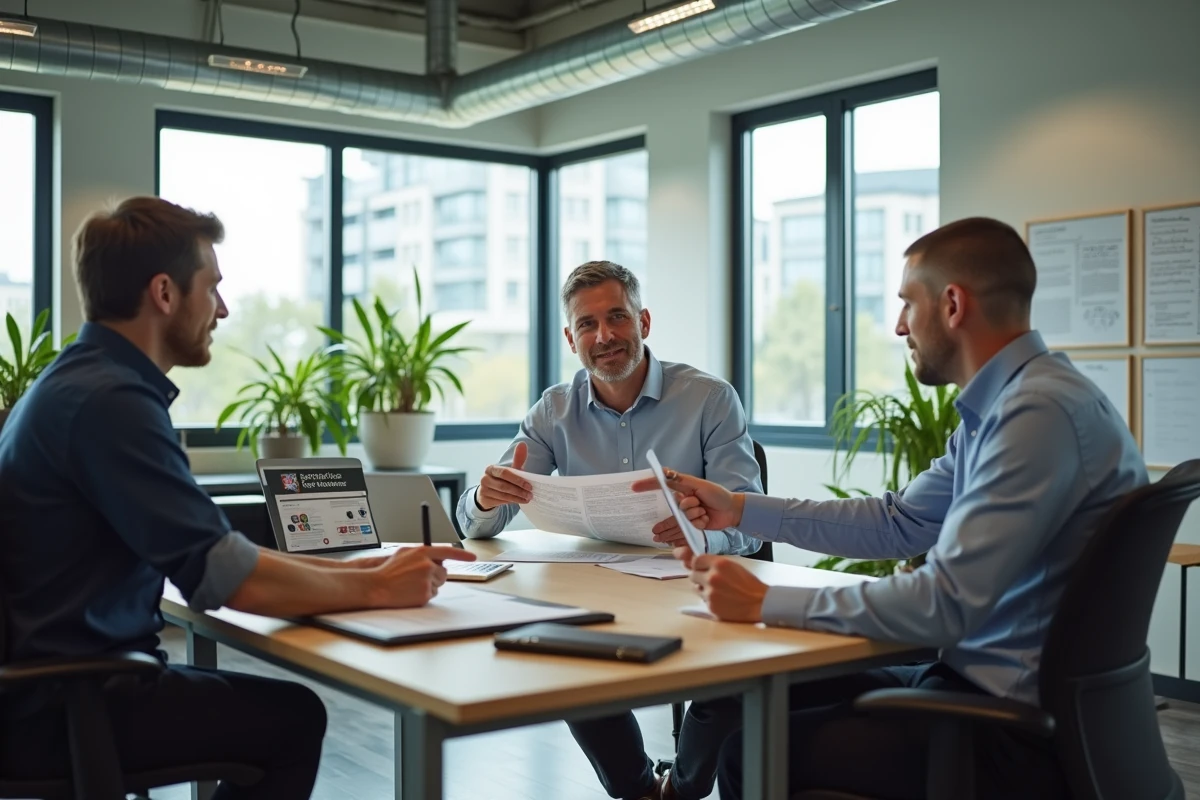 Partenariat entre un responsable de County Sports Partnership et des élus locaux dans un bureau administratif municipal
