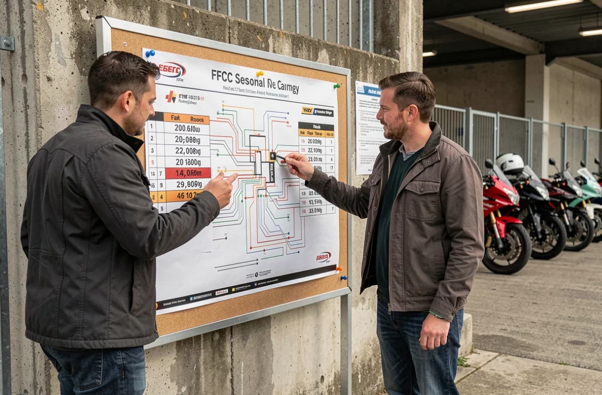 Deux passionnés de moto consultent le calendrier des courses FFCC 2026 affiché à l'entrée d'un circuit