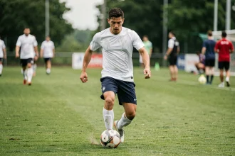 Jeune footballeur de Ligue 2 en entraînement, potentielle recrue pour le mercato du FC Nantes