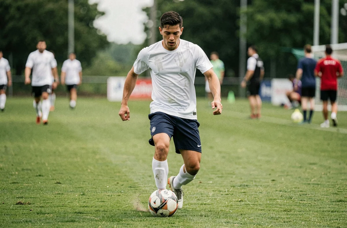 Jeune footballeur de Ligue 2 en entraînement, potentielle recrue pour le mercato du FC Nantes