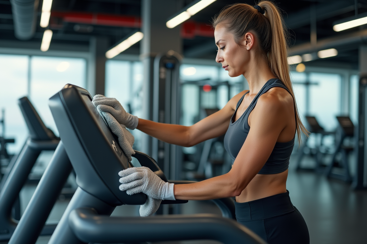 Personne essuyant équipement de fitness dans une salle lumineuse