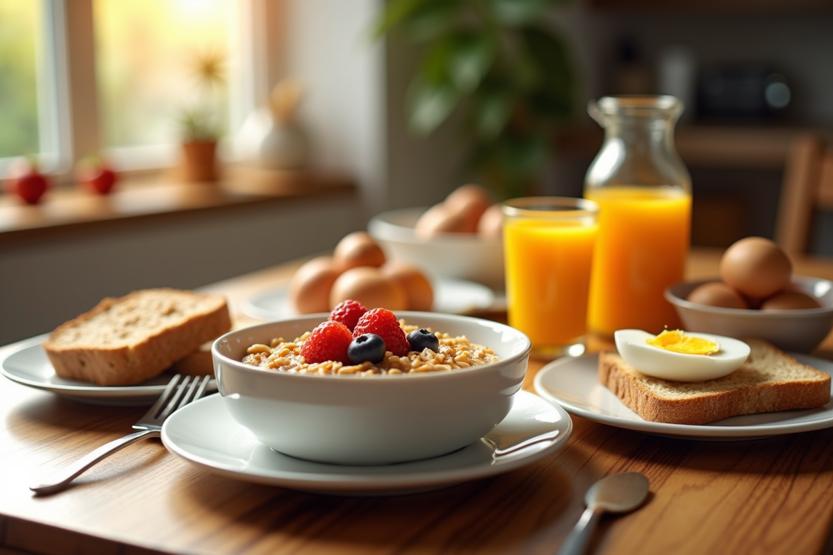 Table de petit déjeuner sain avec fruits et œufs pour sportifs