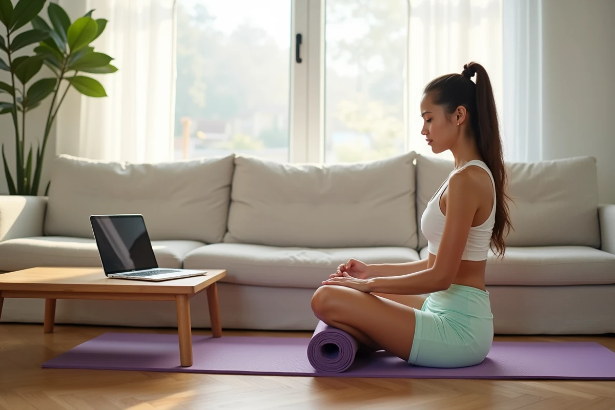 Femme suivant un cours de Pilates gratuit en ligne chez elle sur ordinateur portable, comparatif pilates gratuit et studio