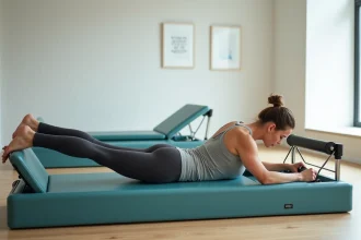 Femme pratiquant le Pilates sur un reformer dans un studio moderne, illustrant l'abonnement studio Pilates