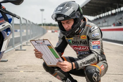 Pilote de moto étudiant le calendrier des courses FFCC pour la saison 2026 dans le paddock d'un circuit