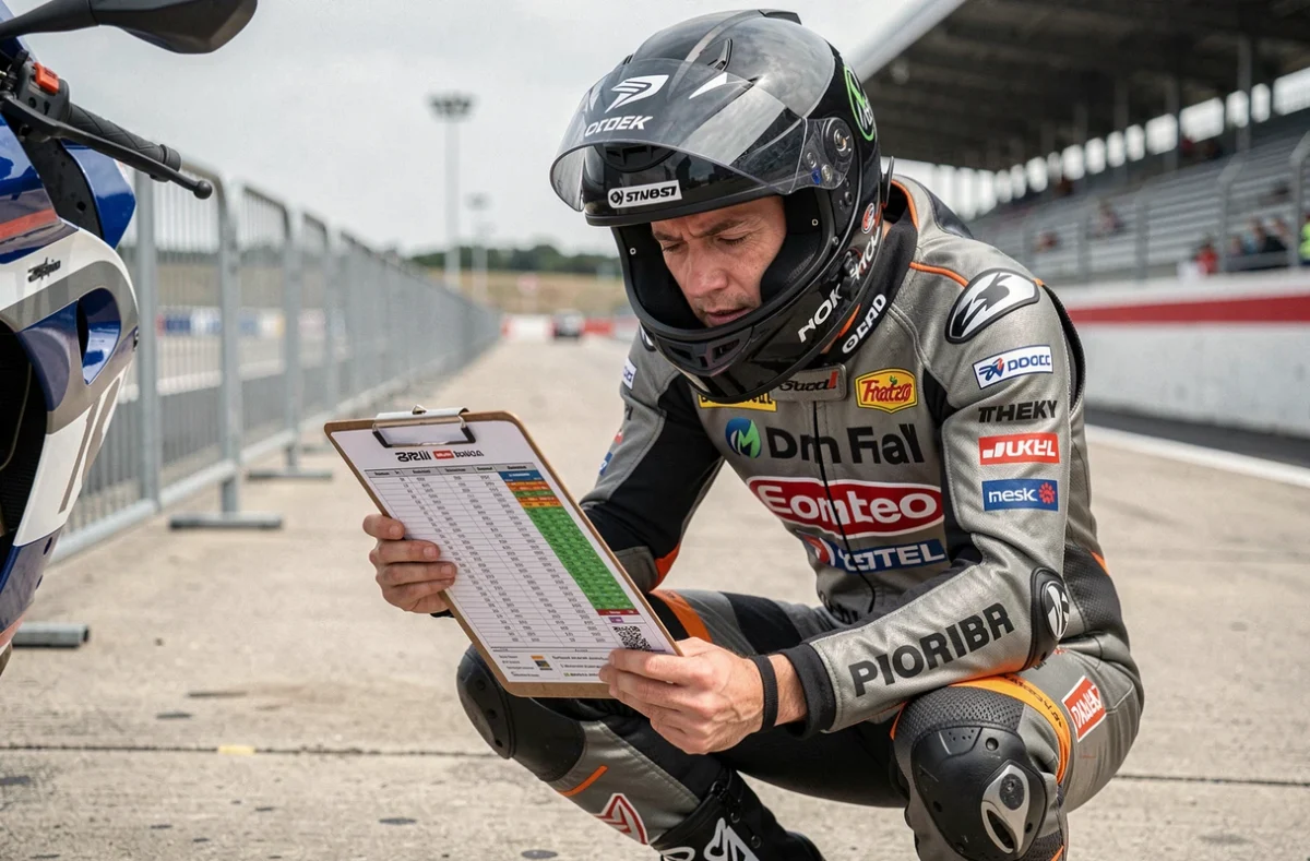 Pilote de moto étudiant le calendrier des courses FFCC pour la saison 2026 dans le paddock d'un circuit