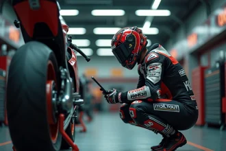 Pilote MotoGP expérimenté analysant les données techniques dans le garage lors d'une session de préparation au changement de règlement