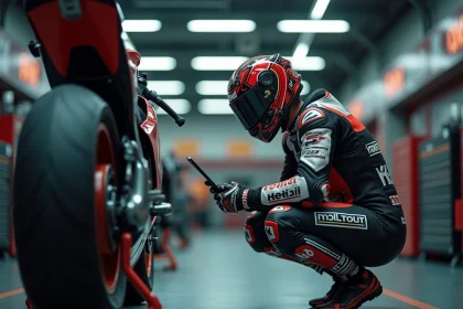 Pilote MotoGP expérimenté analysant les données techniques dans le garage lors d'une session de préparation au changement de règlement