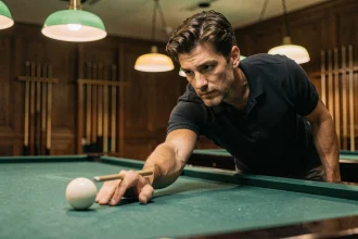 Joueur de billard confirmé positionnant la boule blanche sur le tapis vert avec précision