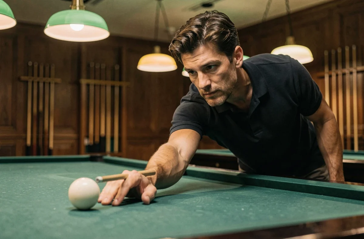 Joueur de billard confirmé positionnant la boule blanche sur le tapis vert avec précision
