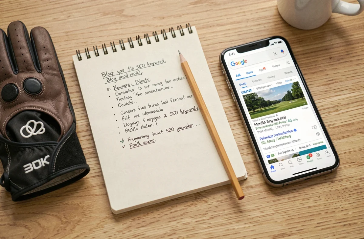 Vue aérienne d'un bureau avec carnet de notes SEO, gant de golf et smartphone affichant un résultat en première page Google
