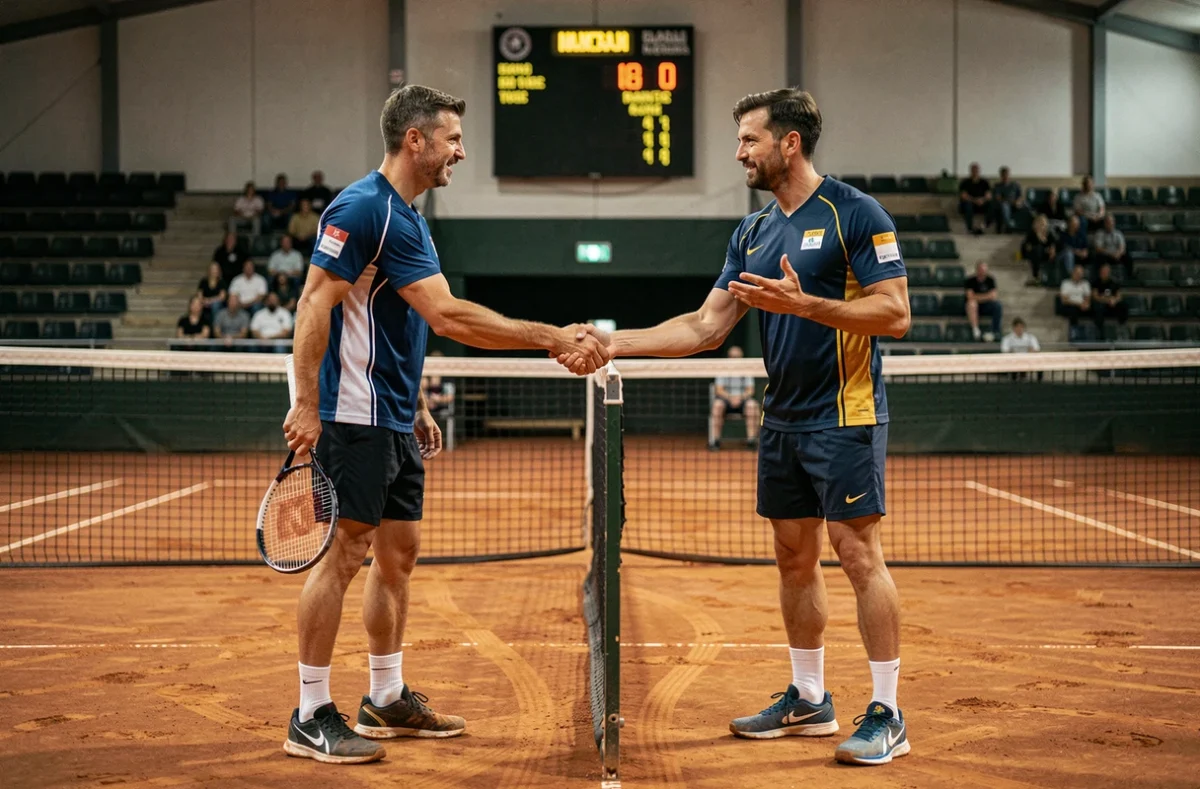 Deux joueurs de tennis se serrant la main après un match de tournoi classé P100 sur court en terre battue intérieur