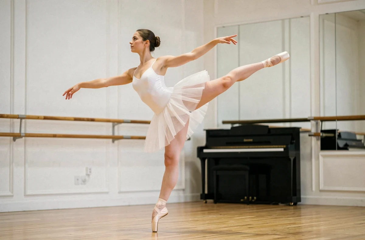 Danseuse classique en arabesque dans les studios du Pôle National Supérieur de Danse Rosella Hightower à Cannes-Mougins