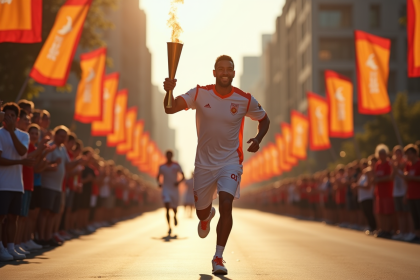 Porteur de la flamme olympique dans une ville moderne en journée