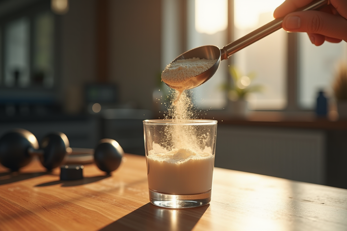 Cuillère de whey protéine versée dans un verre avec équipement de sport