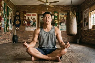 Boxeur thaï en méditation dans une salle d'entraînement authentique, illustrant la préparation mentale du champion de Muay Thai