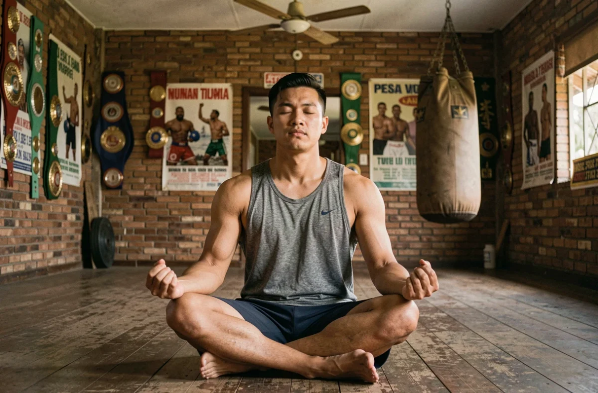 Boxeur thaï en méditation dans une salle d'entraînement authentique, illustrant la préparation mentale du champion de Muay Thai