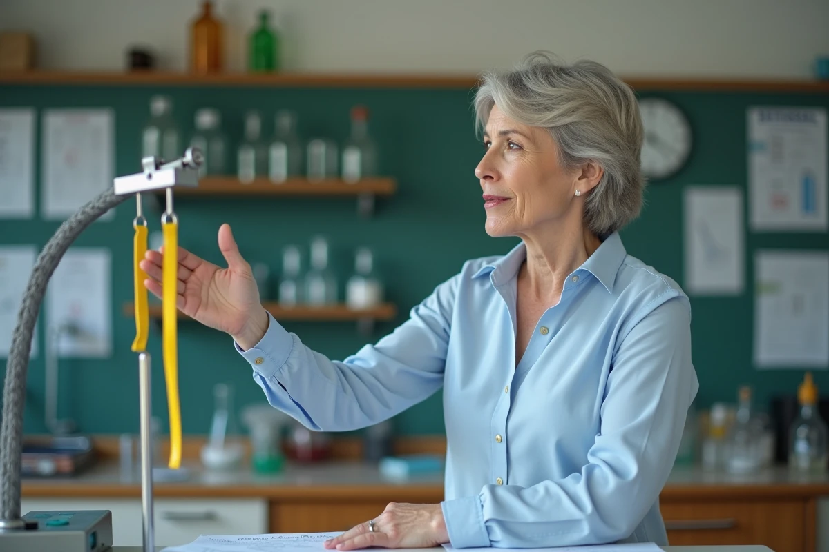 Professeure de sciences montre un élastique jaune en laboratoire