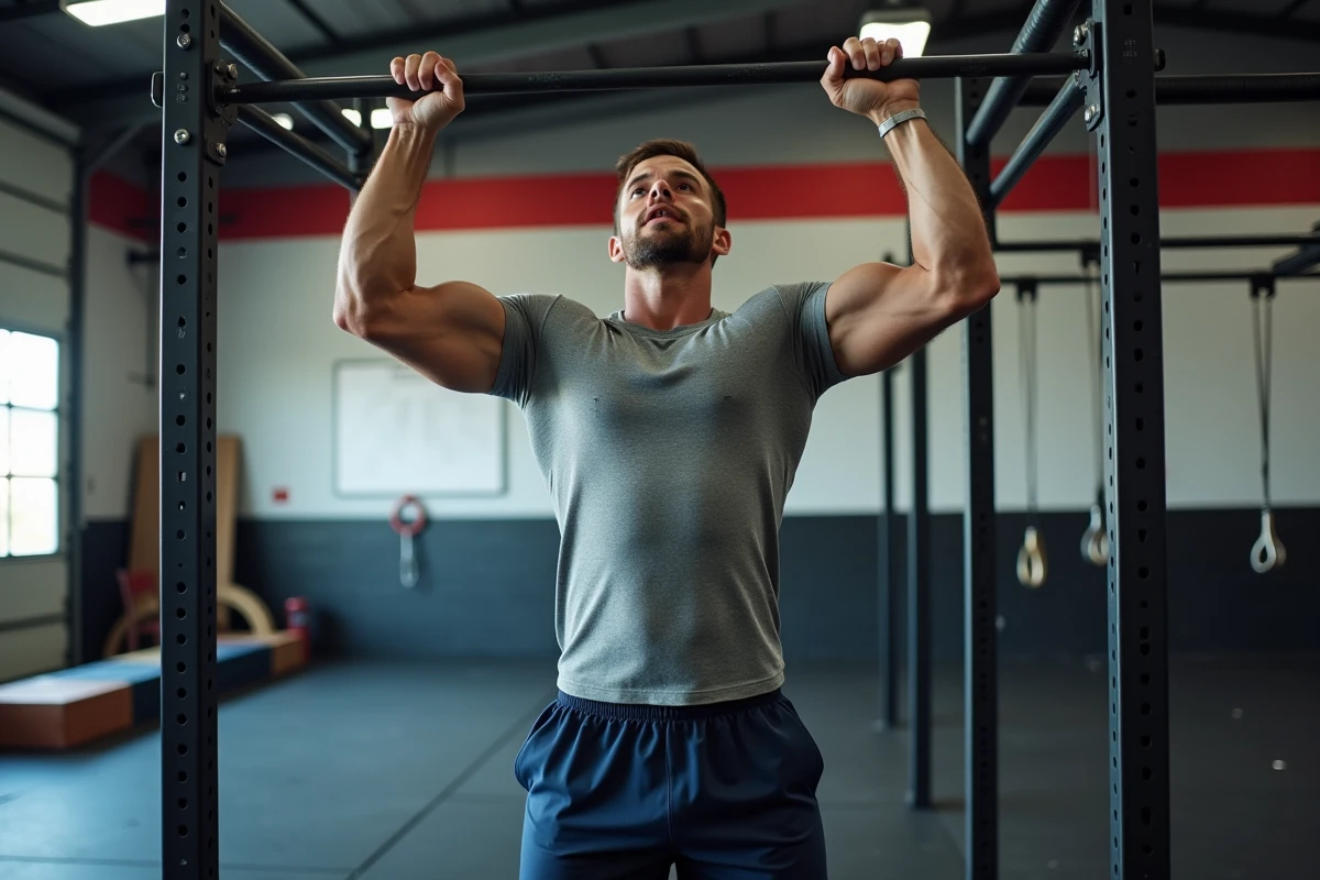 Athlète masculin effectuant des tractions poitrine à la barre dans une box CrossFit, mouvement clé de l'Open CrossFit 2026