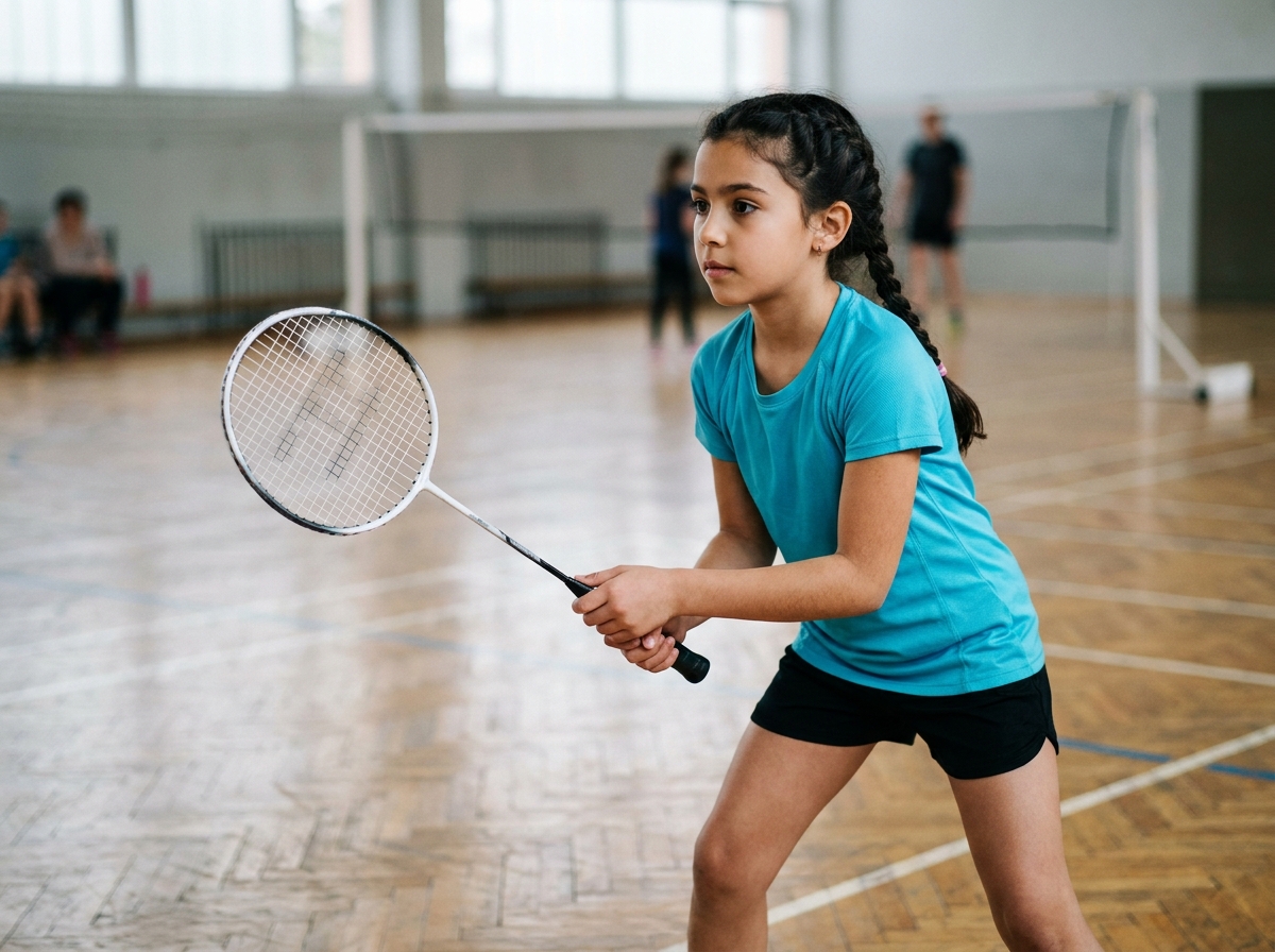 Jeune fille tenant une raquette de badminton junior en salle de sport, idéale pour choisir une raquette adaptée aux enfants
