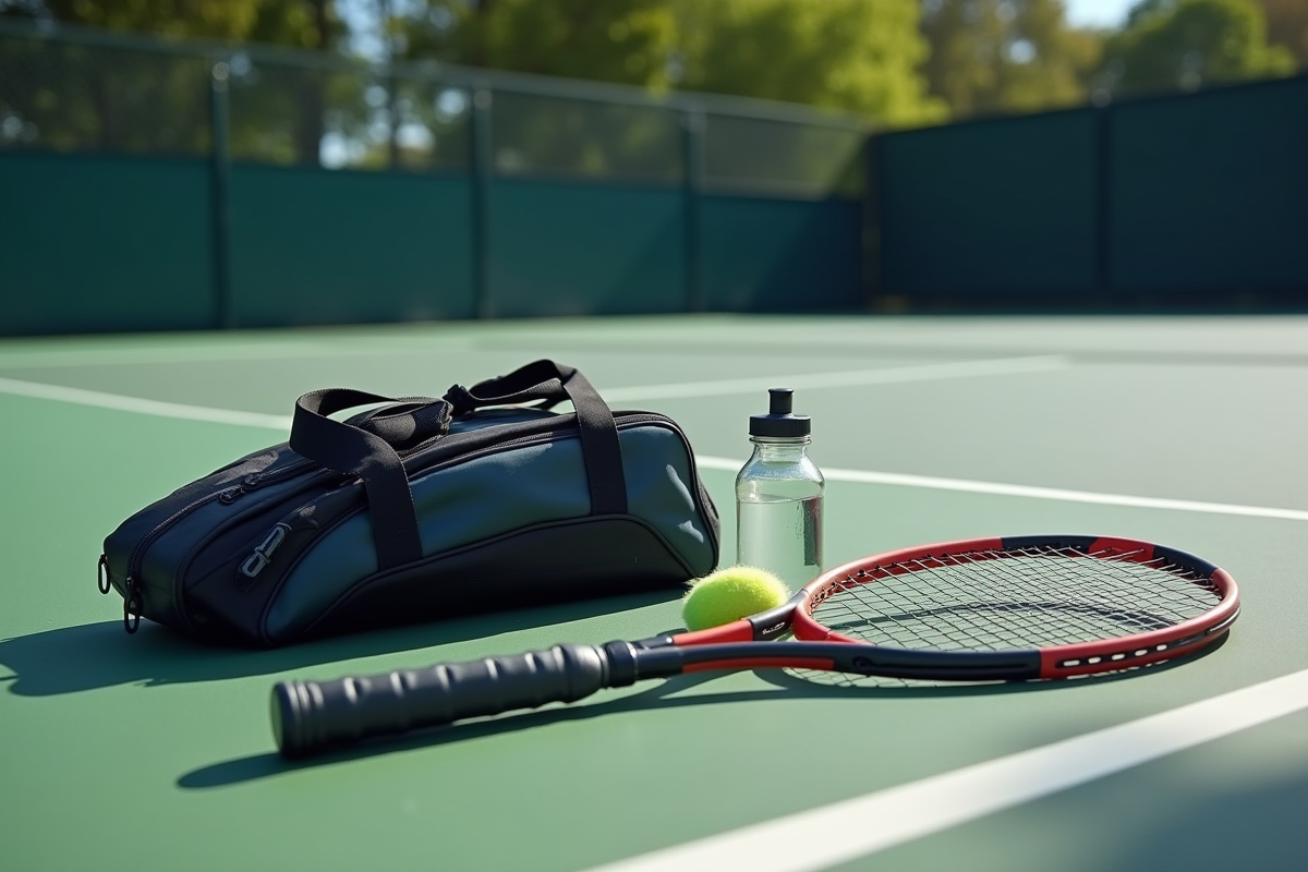 Raquette de tennis cassée sur le sol à côté d