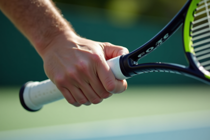 Joueur de tennis tenant sa raquette en main avec sueur