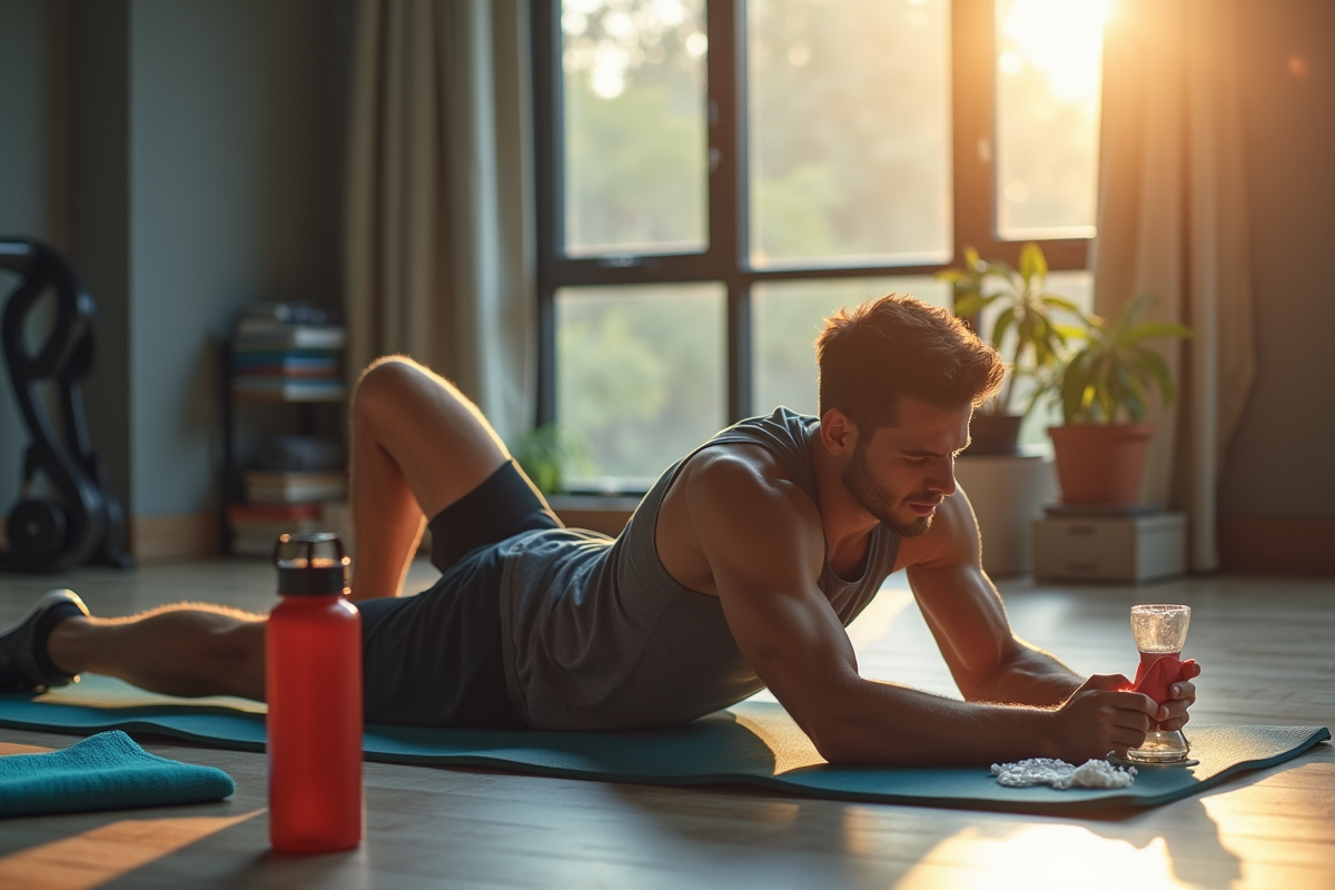 Jeune homme sportif allongé sur un tapis de yoga en récupération