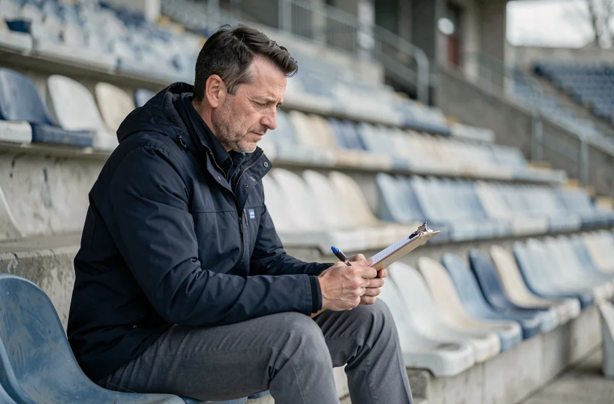 Recruteur de football analysant des notes dans un stade de Ligue 2 lors d'un mercato hivernal