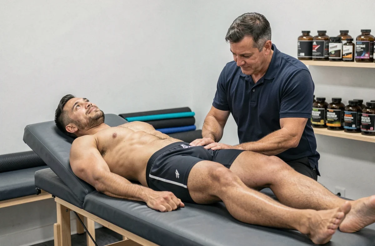 Séance de récupération musculaire avec masseur sportif pour un boxeur thaï champion, montrant les techniques de soin après l'entraînement