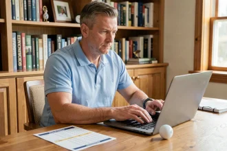 Rédacteur web spécialisé golf travaillant sur son blog avec un ordinateur portable et des accessoires de golf sur le bureau