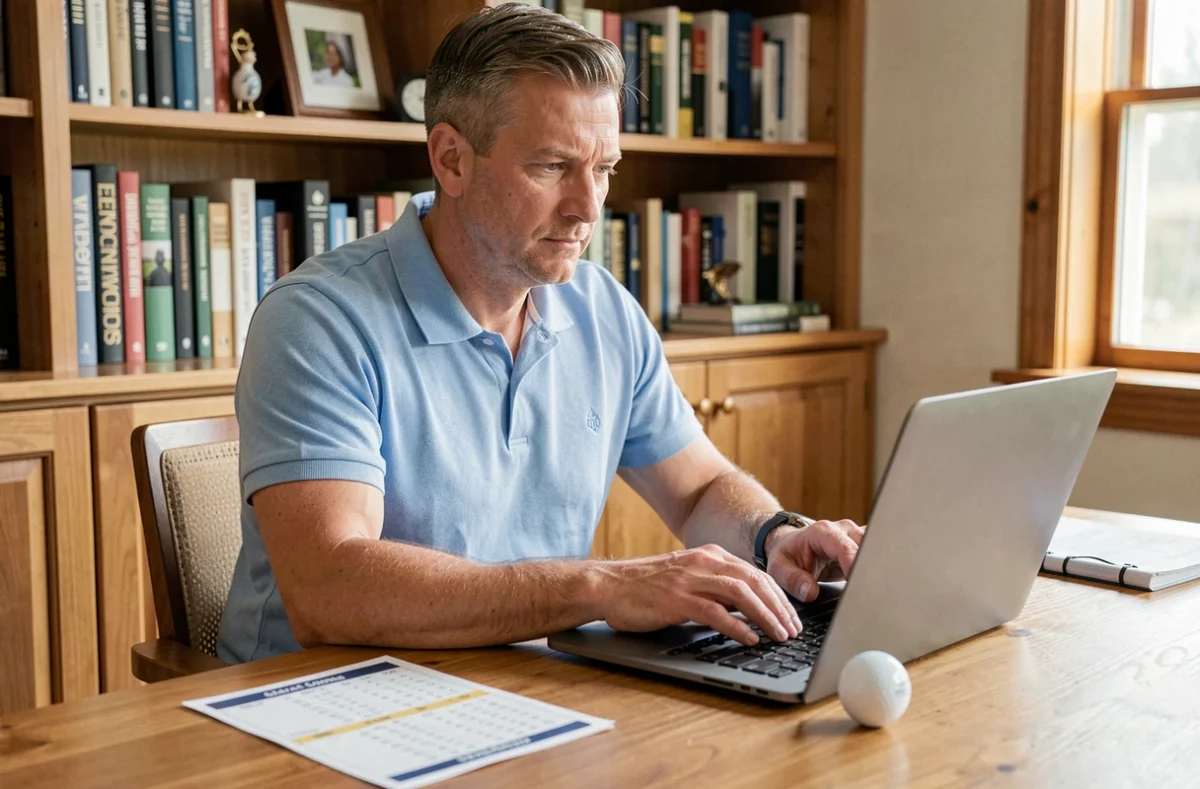 Rédacteur web spécialisé golf travaillant sur son blog avec un ordinateur portable et des accessoires de golf sur le bureau