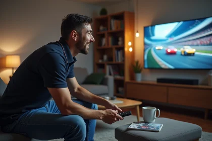 Homme regardant une course automobile en direct sur sa télévision depuis son salon moderne un week-end