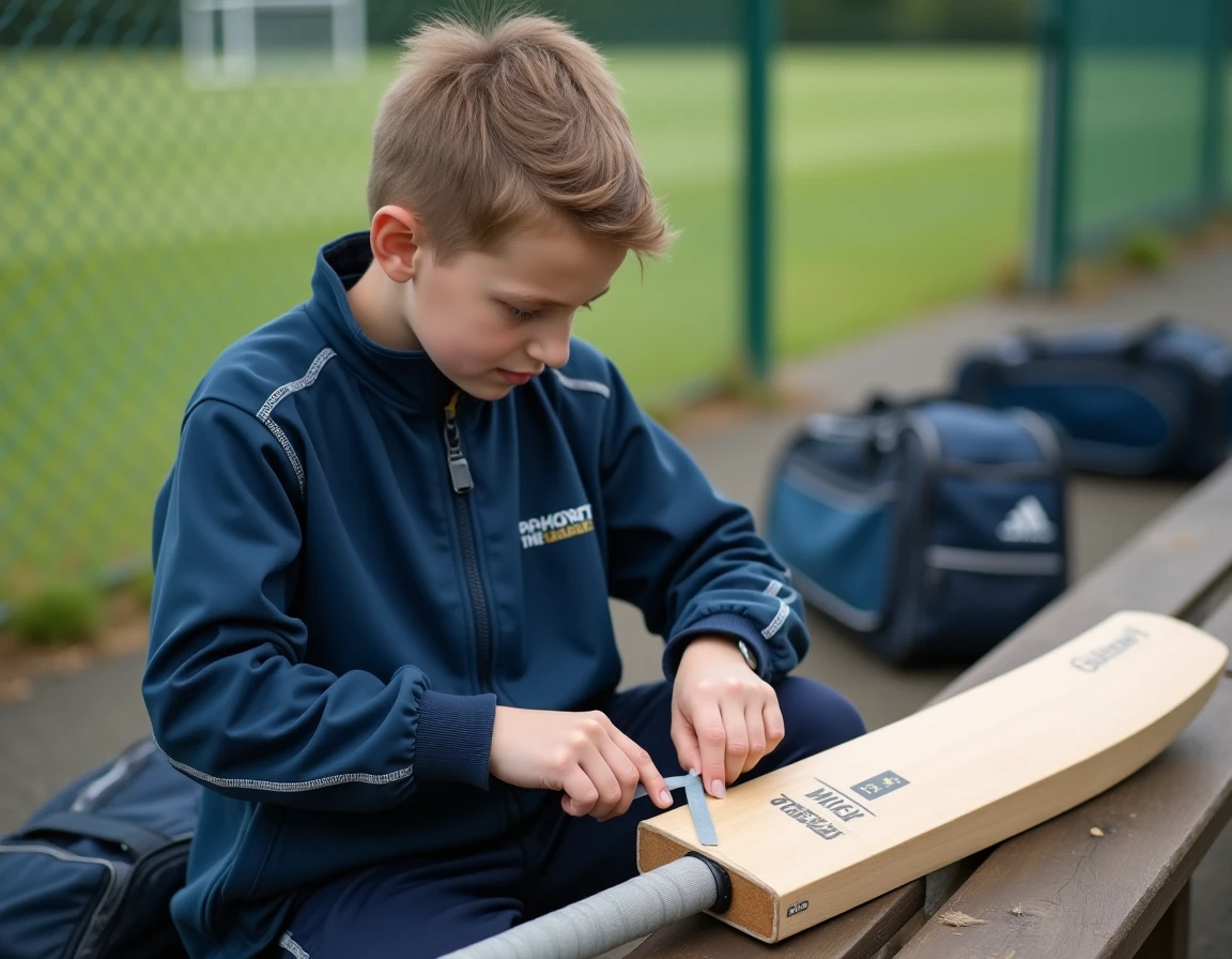 Jeune joueur rembobinant le grip d'une batte de cricket sur un banc extérieur lors d'un entraînement sportif