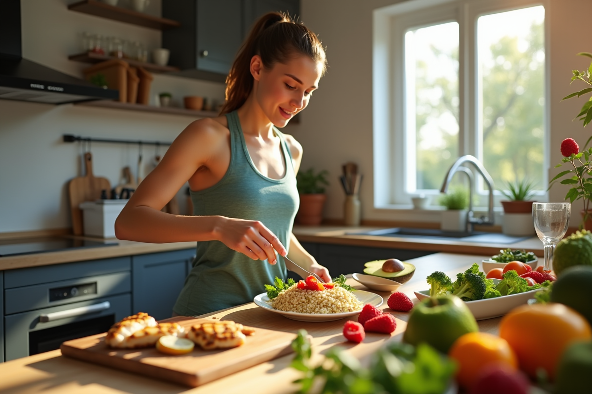 Jeune athlète préparant un repas équilibré dans une cuisine lumineuse