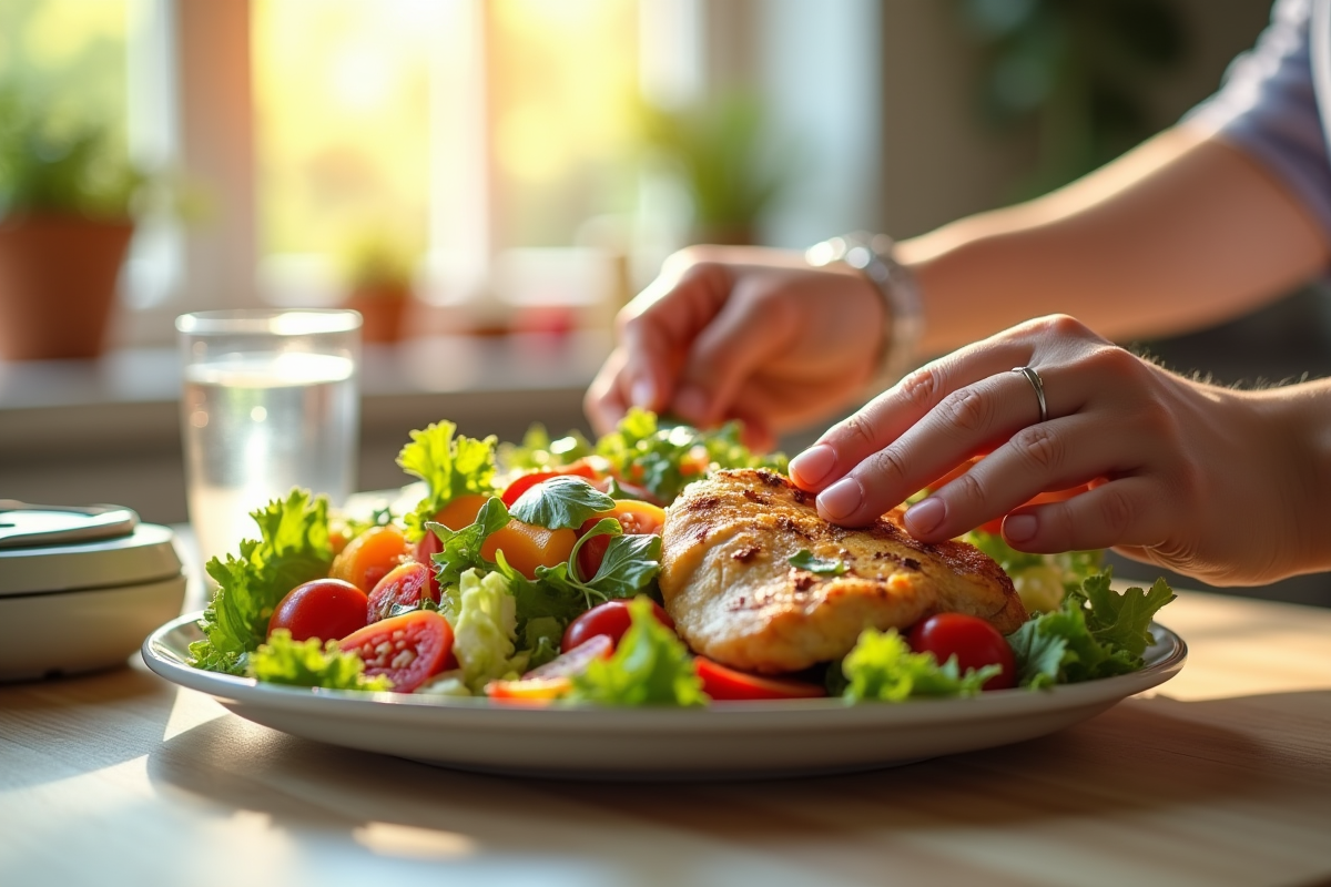 Repas équilibré avec salade et poulet dans une cuisine lumineuse