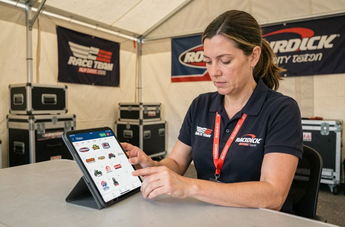 Responsable d'équipe consulte le calendrier officiel FFCC 2026 sur tablette dans le paddock
